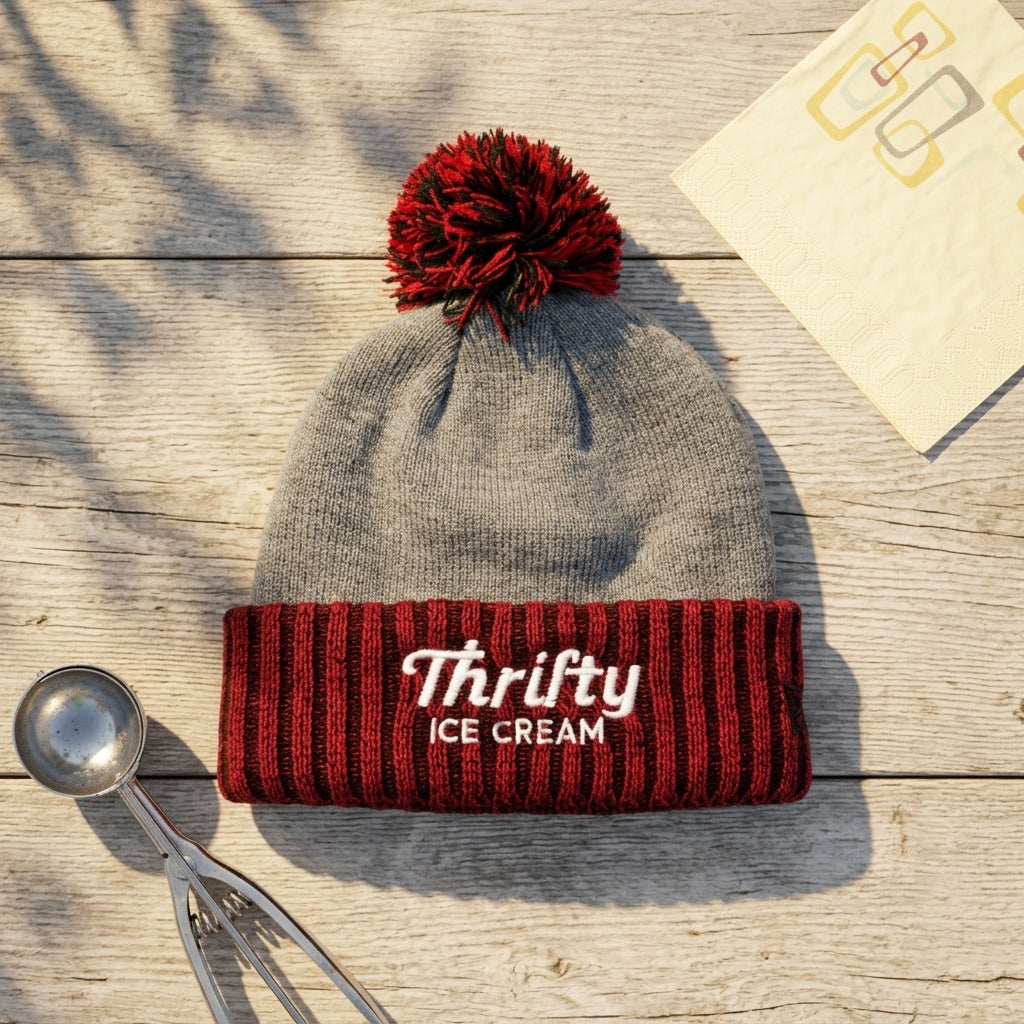 Thrifty Scarlet Heather Gray Pom Beanie