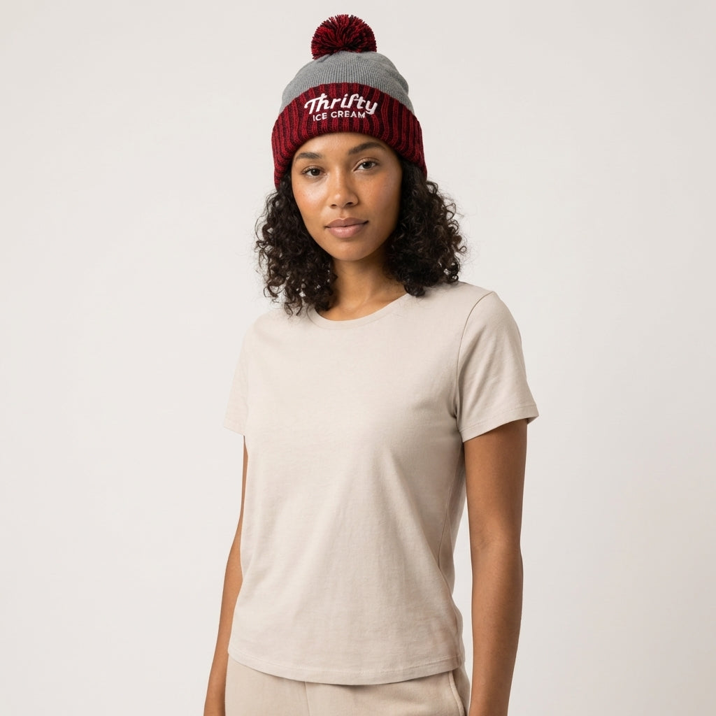 Thrifty Scarlet Heather Gray Pom Beanie