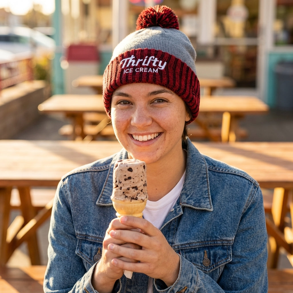 Thrifty Scarlet Heather Gray Pom Beanie