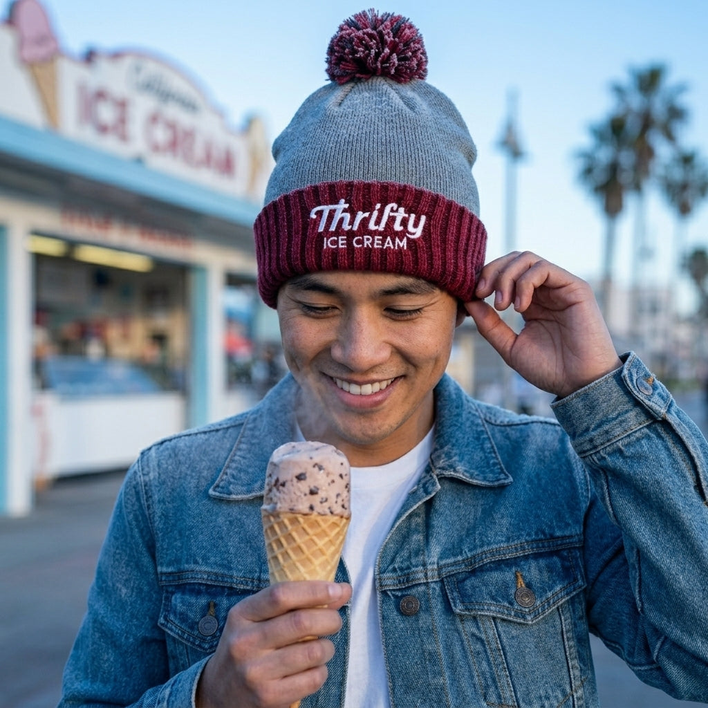 Thrifty Scarlet Heather Gray Pom Beanie