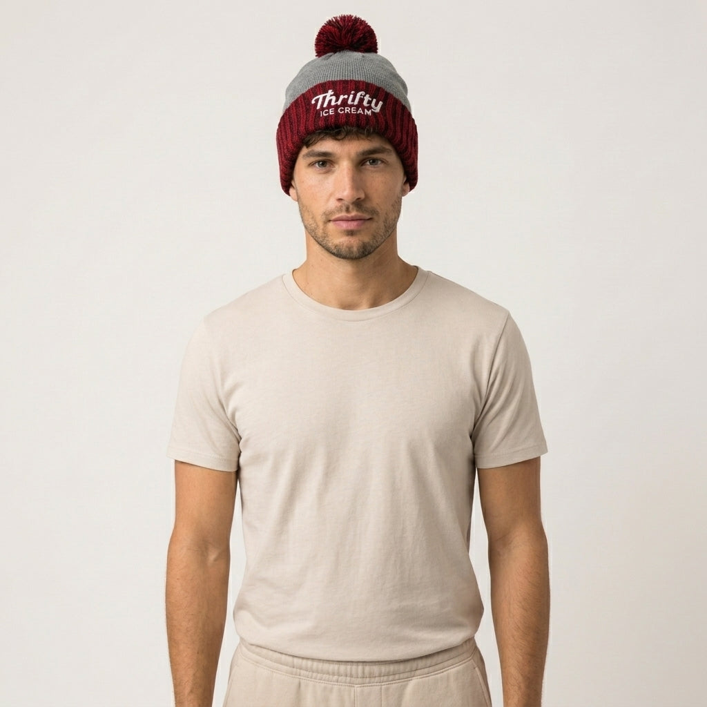 Thrifty Scarlet Heather Gray Pom Beanie